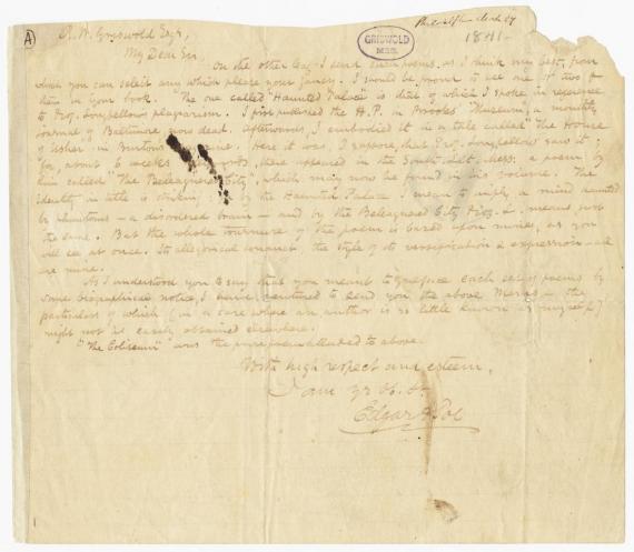 Image of letter from Edgar Allan Poe to Rufus Wilmot Griswold (transcript below)
