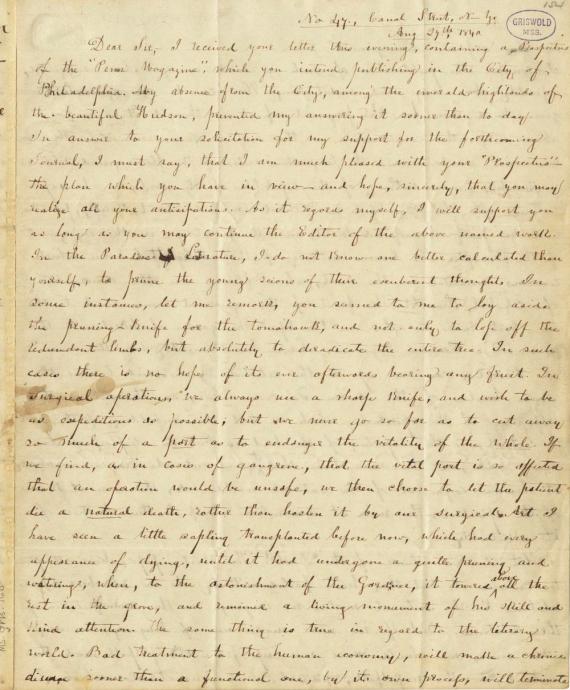 Image of letter from Thomas H. Chivers to Edgar Allan Poe (transcript below) 