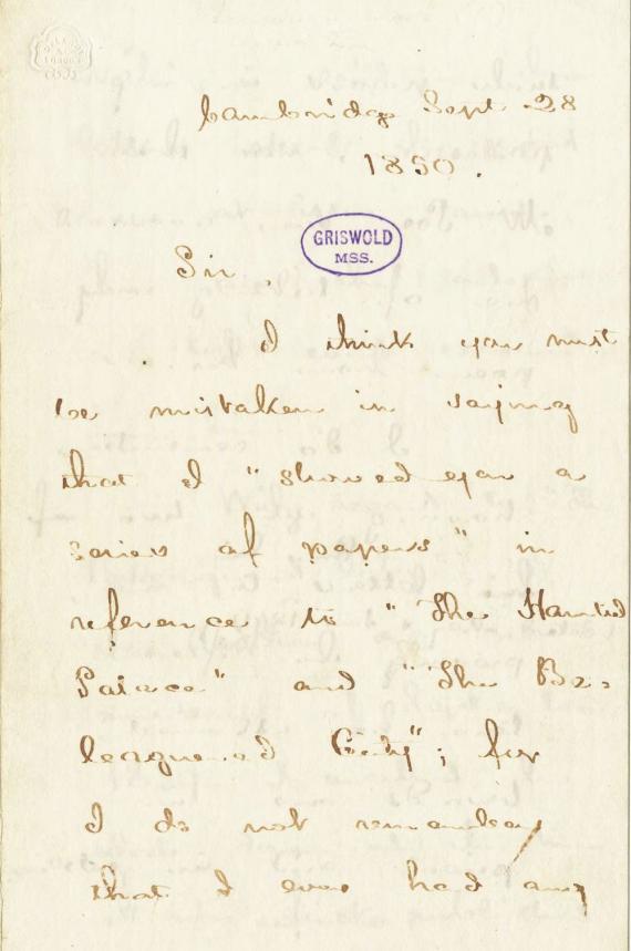 Image of letter from Henry Wadsworth Longfellow to Rufus Wilmot Griswold