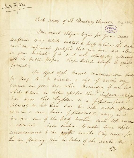 Image of letter from Sarah Margaret Fuller to Edgar Allan Poe