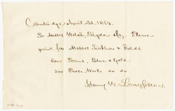 Image of note from Henry Wadsworth Longfellow to Welch and Bigelow