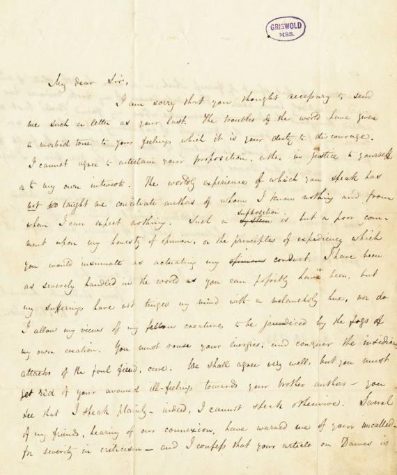 Image of letter William E. Burton to Edgar Allan Poe (transcript below)