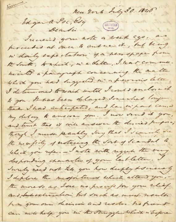 Image of letter from Edgar Allan Poe to Frederick W. Thomas (transcript below)